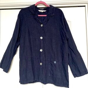 Melrose Studio Linen V-neck button down Tunic Blouse Womens L Navy Lagenlook